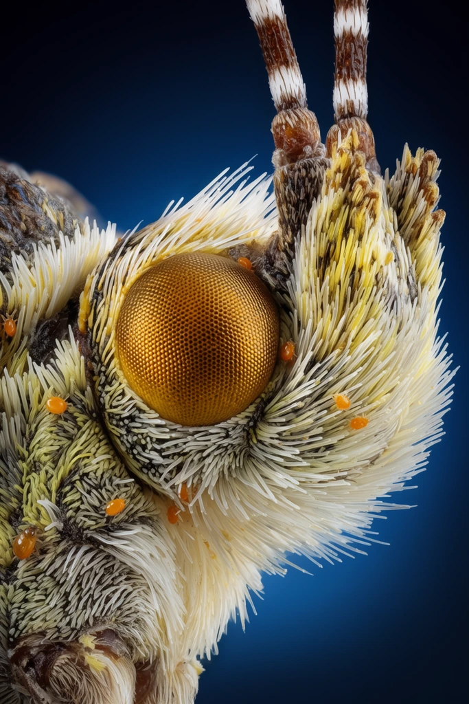 Extreme macro photography of an insect head dominated by a textured, golden-amber compound eye. Dense, spiky white and pale yellow bristle-like hairs surround the eye, dotted with tiny orange mites. Striped brown and white antennae extend upward from the heavily textured face. The sharply focused, highly detailed subject contrasts vividly against a smooth, dark blue gradient background under bright, dramatic lighting that highlights the intricate biological structures.