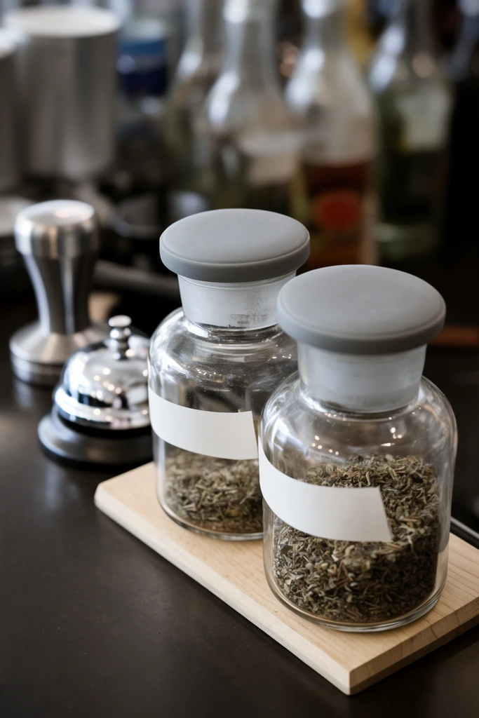 Two clear glass apothecary jars on a light wooden board, flat gray rubber stoppers, white paper strips affixed to the glass, dark dried loose herbs inside, dark smooth countertop, shallow depth of field, blurred background featuring a chrome service bell, silver espresso tamper, out-of-focus beverage bottles, soft diffused lighting, rustic coffee shop aesthetic, close-up macro photography
