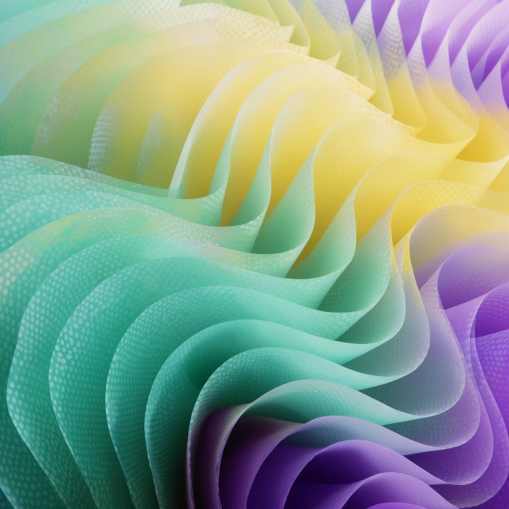 Abstract 3D layered fabric folds, vibrant teal mint yellow and purple, translucent undulating sheets, halftone dot patterns, soft gradient lighting, macro perspective