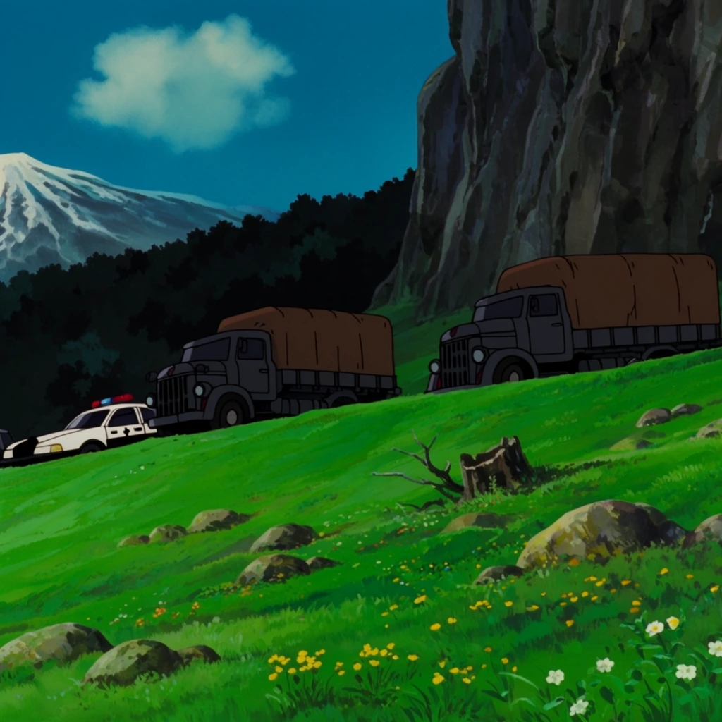 2D cel animation, steep vibrant green grassy hillside, two dark grey transport trucks with brown canvas covers, parked white police car, scattered foreground rocks, yellow and white wildflowers, bare tree stump, dense dark forest, towering sheer rocky cliff on the right, distant snow-capped mountain, vivid blue sky, single white cloud, painterly anime background art, saturated colors