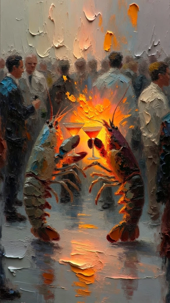 oil painting, impasto style, thick palette knife textures, heavy brushstrokes, two lobsters standing upright clinking martini glasses in a crowd, central fiery orange and yellow glow radiating from the lobsters, background of muted grey and desaturated figures, impressionistic style, dramatic lighting, high contrast, warm orange highlights reflecting on the floor, vibrant center with dark edges, expressive and textured surface, atmospheric