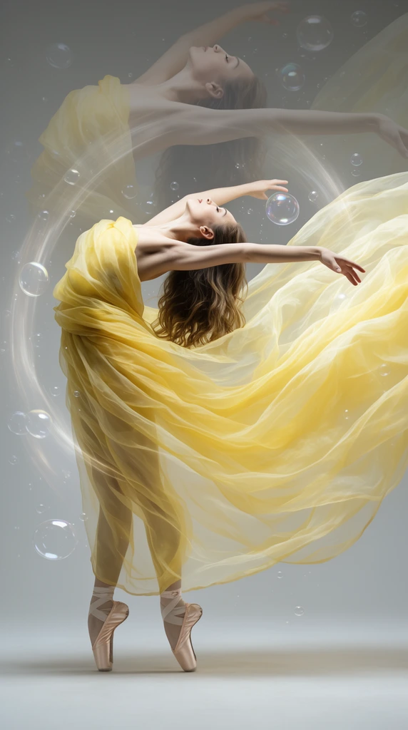 ballet dancer en pointe, dynamic backbend, wrapped in large billowing sheer yellow fabric flowing right, pink pointe shoes, floating transparent bubbles, faint ghostly double exposure of dancer above, translucent circular light trails, smooth gray studio background, ethereal high-speed photography, graceful motion
