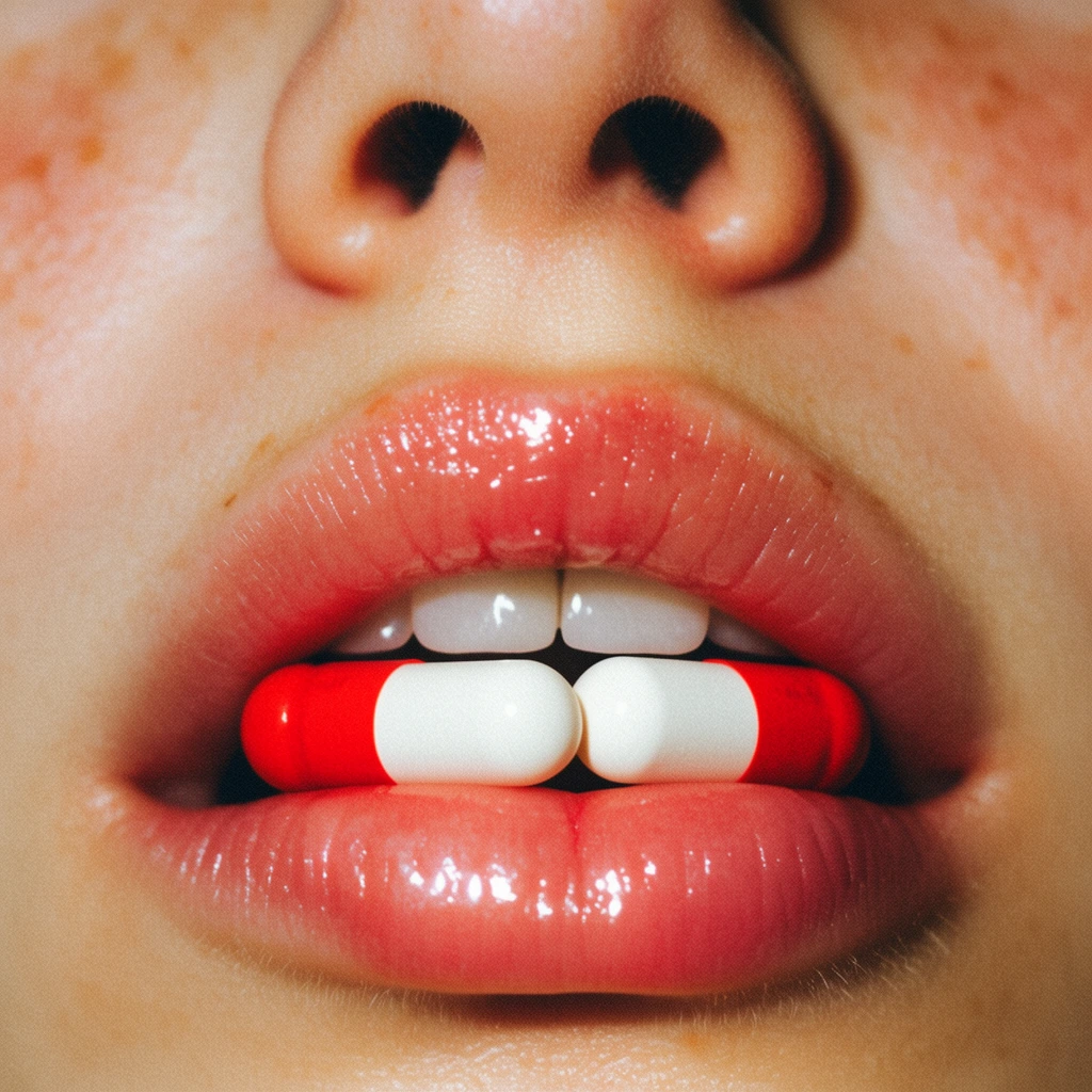 extreme close-up macro portrait of a lower face focusing on the mouth and nose, two red and white pill capsules resting horizontally between slightly parted teeth, plump glossy pink lips with bright specular highlights, fair skin with scattered freckles, visible skin texture and pores, direct flash lighting, warm vintage color grading, subtle film grain texture, high resolution editorial beauty photography