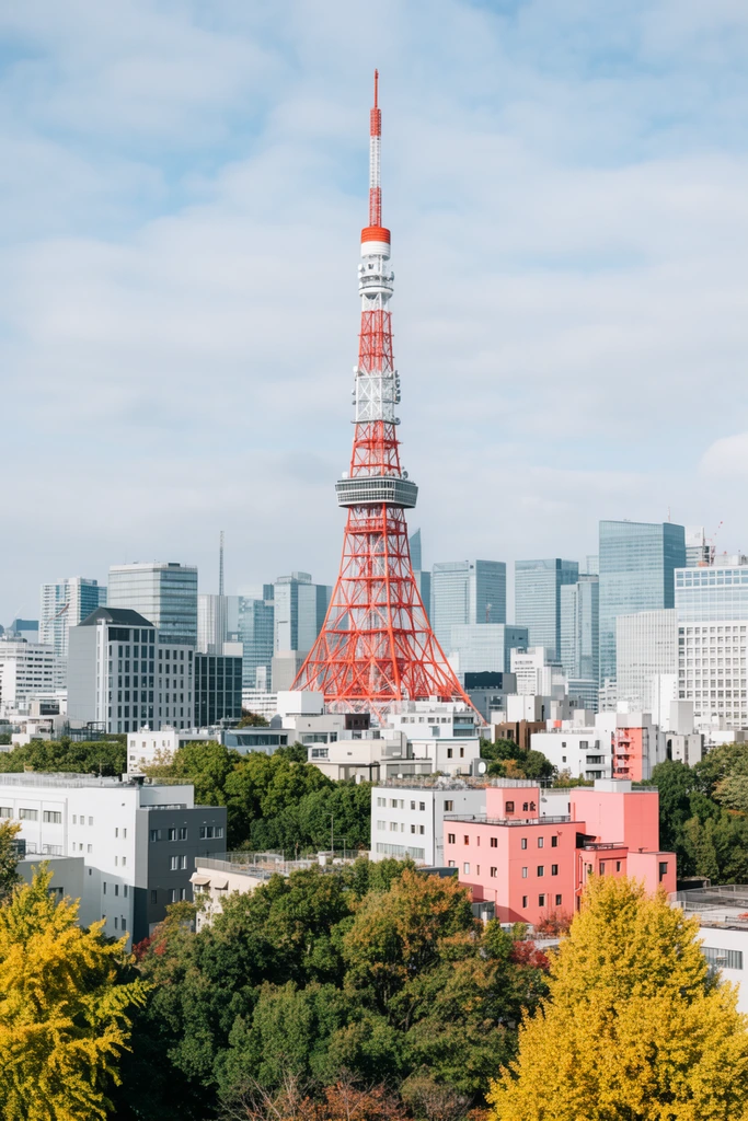 A soaring red and white lattice telecommunications tower dominates a dense urban skyline. Lush green and yellow foliage intertwines with low-rise buildings in white, gray, and salmon pink across the foreground. Modern glass skyscrapers fill the midground beneath a pale blue sky with soft white clouds. Captured in bright natural daylight, this architectural photography features a deep depth of field contrasting organic autumn trees with geometric city structures.