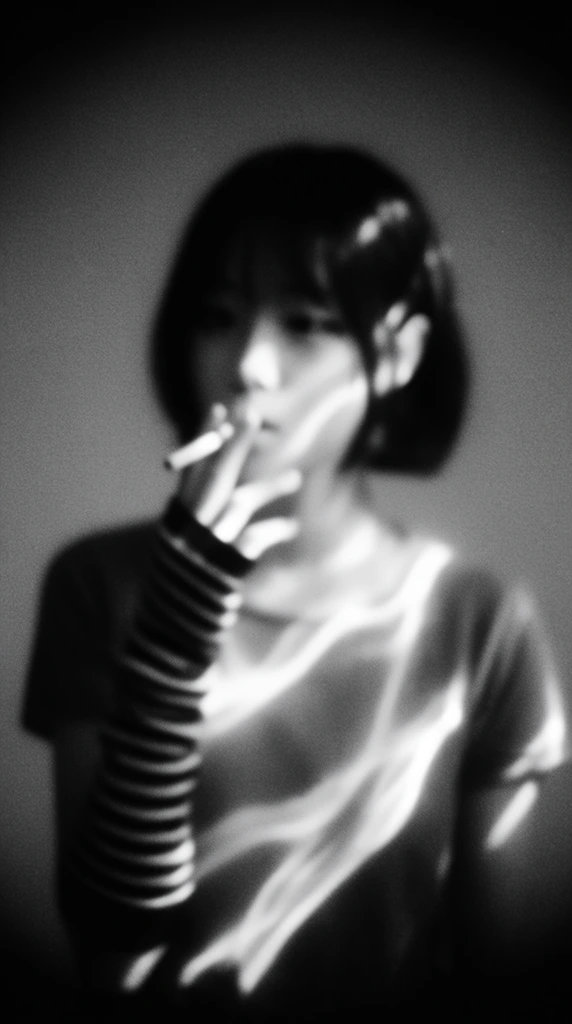 A black and white, soft-focus portrait of a girl with short hair holding a cigarette to her lips against a plain, solid dark background, illuminated by stark, undulating light patterns. The girl wears a short-sleeved top and striped arm warmers, her hand raised to position the cigarette at her mouth. The scene is rendered in extremely high-contrast monochrome tones, with deep, crushing blacks consuming the edges of the frame in a heavy vignette. Bright, luminous, fluid streaks of light strike the subject, creating sharp contrasts against the dark environment. The visual texture features a pronounced, coarse film grain and a heavy, diffused optical blur that softens the edges of her silhouette and the surrounding plain backdrop.