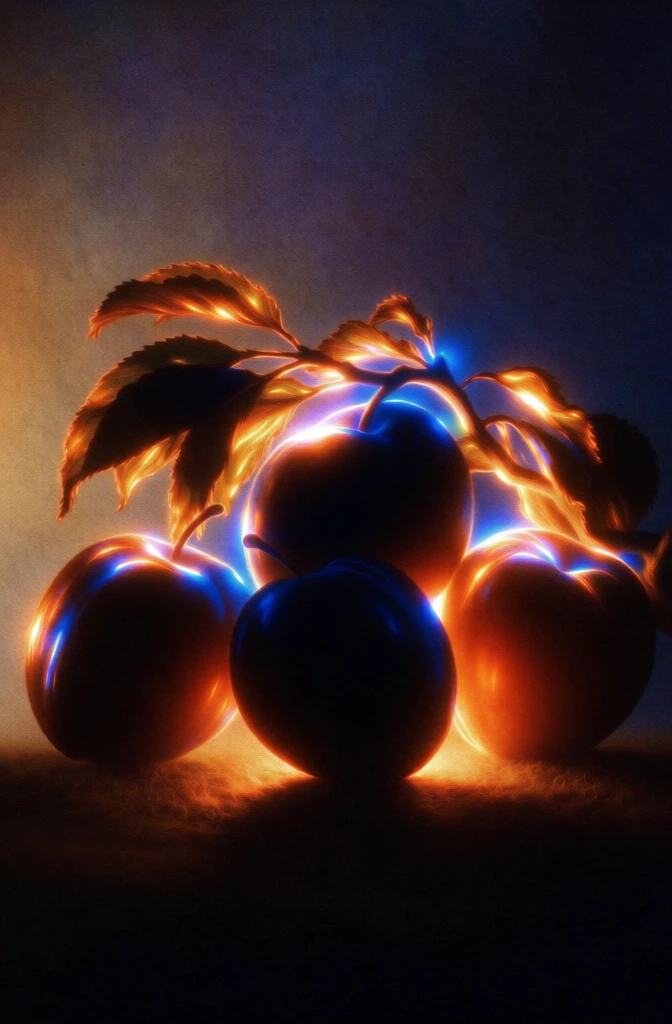 four plums arranged horizontally in the foreground, several leafy branches resting behind them, high-contrast silhouettes rimmed in intense amber and electric blue glow, heavy analog film grain, ethereal bloom with soft-focus halation, internal bioluminescent light leaks tracing organic contours, caustic light streaks, deep velvet black shadows, dreamlike nocturnal atmosphere, saturated warm and cool color duality, retro-futurist analog photography aesthetic.