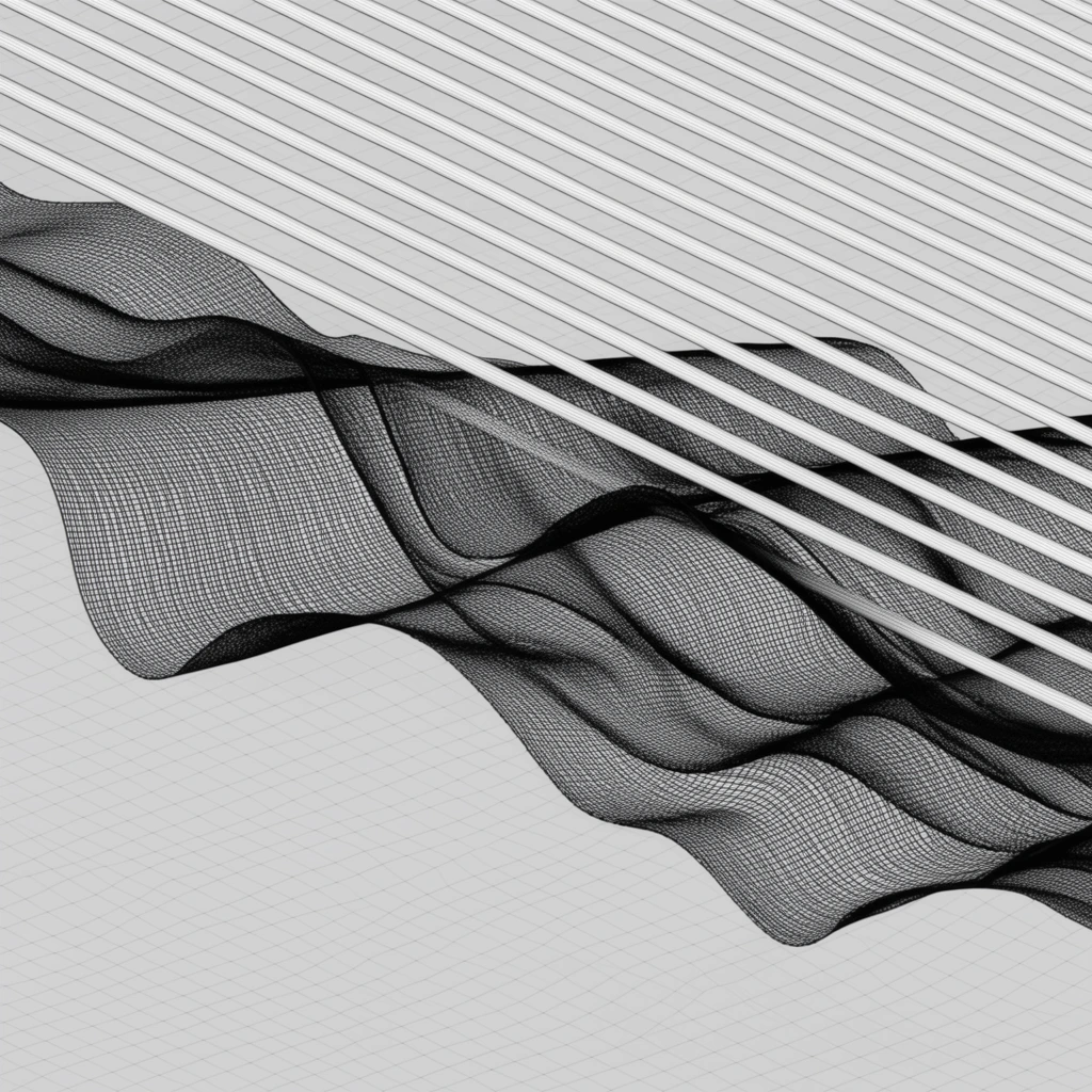 undulating black mesh ribbon flowing beneath straight parallel white rods, receding diagonal perspective, grey grid background, 3D wireframe aesthetic, abstract geometric render