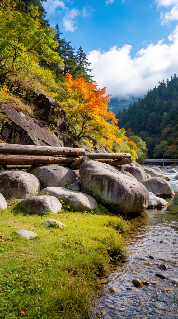 A vibrant mountain landscape features a shallow river flowing past a grassy bank piled with large smooth grey boulders. Behind the rocks, a rustic barrier of thick wooden logs rests against a steep, rocky hillside dotted with lush foliage in shifting autumn hues of green, gold, and vivid orange. The clear water ripples over small pebbles in the lower right foreground. In the distance, dense evergreen forests climb the sides of misty mountains under a bright blue sky with scattered fluffy white clouds. A subtle bridge with white railings crosses the river in the far background. Captured with a deep depth of field and vivid color saturation, highlighting the crisp natural light and rugged textures.