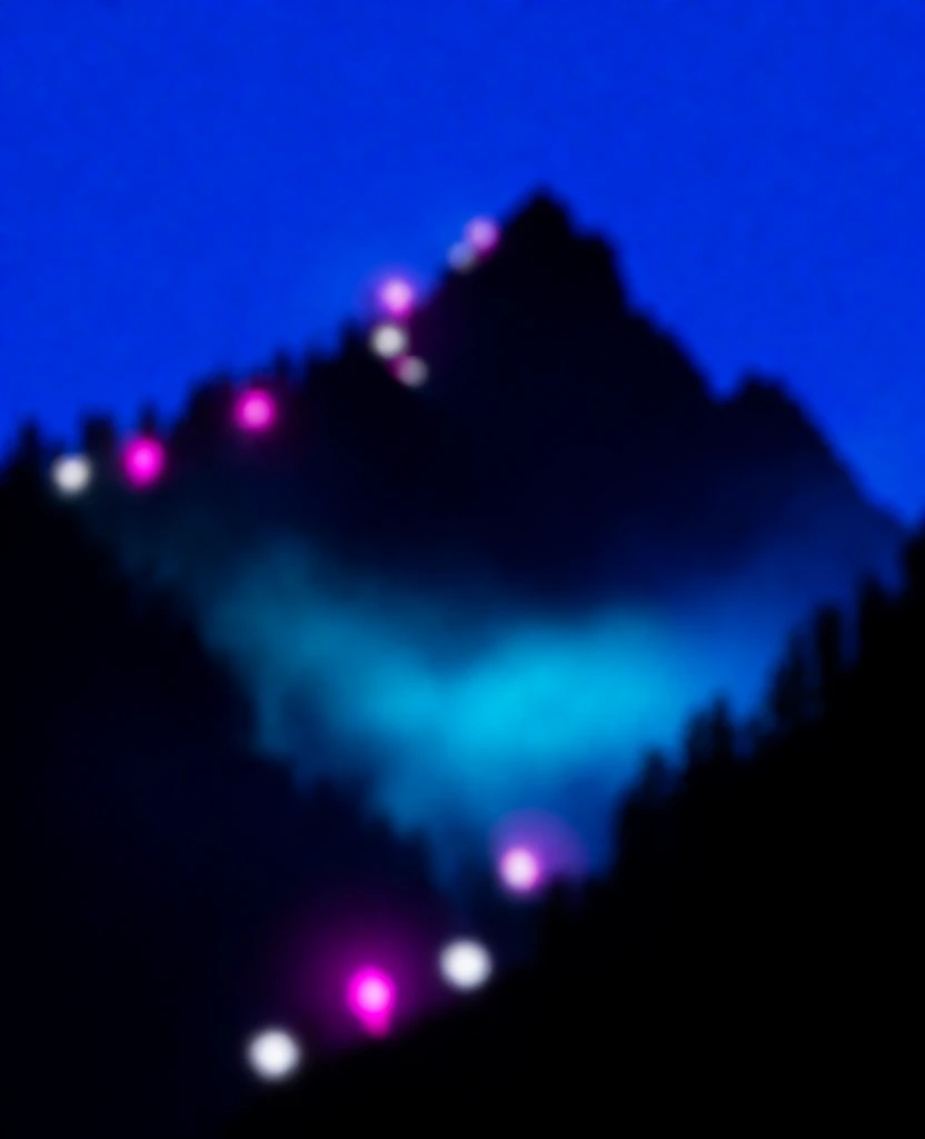 abstract mountain peak silhouette under a deep cobalt blue night sky, ethereal out-of-focus bokeh aesthetic, soft glowing circular orbs representing hikers' lights in vibrant magenta and crisp white, blurred textures of pine trees on a jagged ridge, ethereal cyan light bleeding through the valley, vertical composition, dreamlike atmospheric quality, minimalist nocturnal landscape, soft-focus photography with a shallow depth of field, high-contrast color palette of deep blue and neon accents