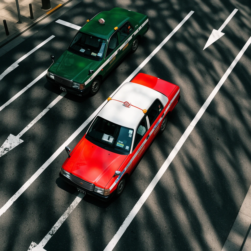 Aerial view of a bright red and white vintage taxi following a dark green taxi on a multi-lane city street. Stark white lane dividers and directional arrows mark the dark asphalt, which is heavily textured by dramatic dappled sunlight and intricate elongated shadow patterns.