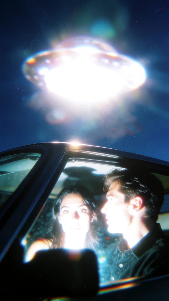 low-angle view through a car window, man and woman's wide-eyed reflections in a rearview mirror, a blindingly luminous ufo hovering in the deep indigo night, extreme overexposure from an intense on-camera flash, blown-out highlights dissolving subjects into white silhouettes, heavy bloom and ethereal halations, high-contrast palette of midnight blue and pure white, raw film grain, hazy lo-fi dreamcore aesthetic, startled candid energy, supernatural light bleed