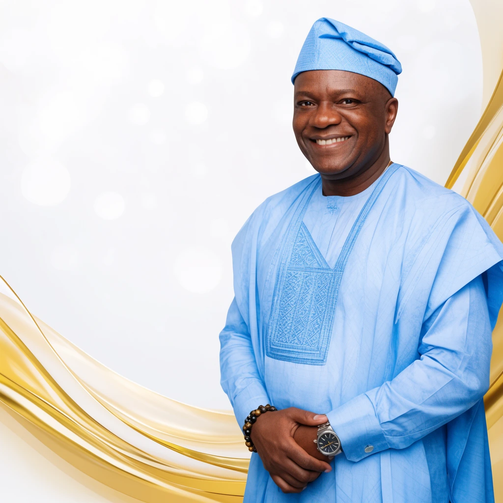 smiling middle-aged Black man wearing a light blue traditional West African tunic and matching folded cap, hands clasped at the waist, beaded bracelet, metallic watch, positioned on the right, bright white background with soft bokeh, elegant sweeping golden curves, crisp professional portrait photography, bright even studio lighting