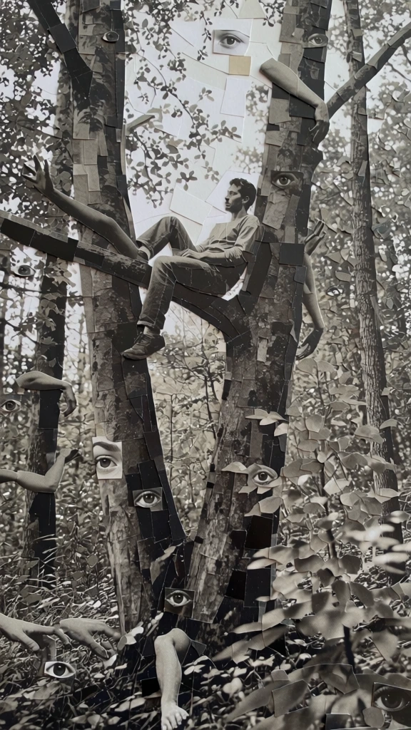 a man sits on a thick branch connecting two large trees in a dense forest, leaning back against the right trunk, rendered as an intricate analog collage, staggered paper-cut photomontage using rectangular snippets, faceted cubist composition, dozens of disembodied eyes and limb fragments scattered across the scene, monochromatic desaturated charcoal tones, high-contrast chiaroscuro, visible paper edges with tactile drop shadows, matte paper grain, surreal deconstructed atmosphere.