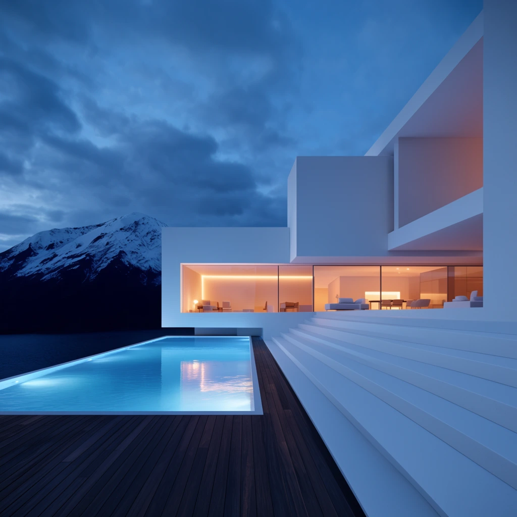 Modern minimalist white geometric villa at twilight, glowing blue infinity pool, warm orange interior lighting through large glass windows, tiered white stairs, dark wooden decking, snow-capped dark mountain background, deep blue cloudy sky, photorealistic architectural render