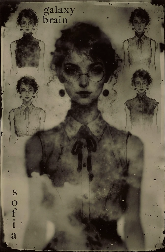 central drawing of a woman wearing round glasses, a sleeveless collared shirt with ribbon, round earrings, six smaller sketches of her in high-collared and sleeveless shirts, text "galaxy brain" upper left, vertical "sofia" lower left, vintage sepia-toned aesthetic, heavily textured, grainy, distressed, ethereal double exposure, hazy painterly smoke, dark moody shadows, high contrast speckles, blurred edges, antique wet plate collodion photography style, filmic grain, nostalgic