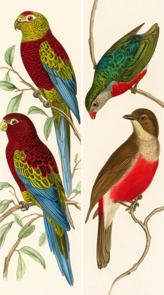 vintage ornithological diptych, classic hand-colored lithograph style, left panel showing two vibrant parrots on slender leafy branches, deep crimson and yellow-green chests, scalloped back plumage, bright blue wings, right panel featuring two tropical birds on curving twigs, one leaning downward with iridescent green back and red belly, the other perched upright with brown head and bright red lower body, pristine off-white background, precise fine linework, highly detailed feather textures, soft shading, antique natural history illustration