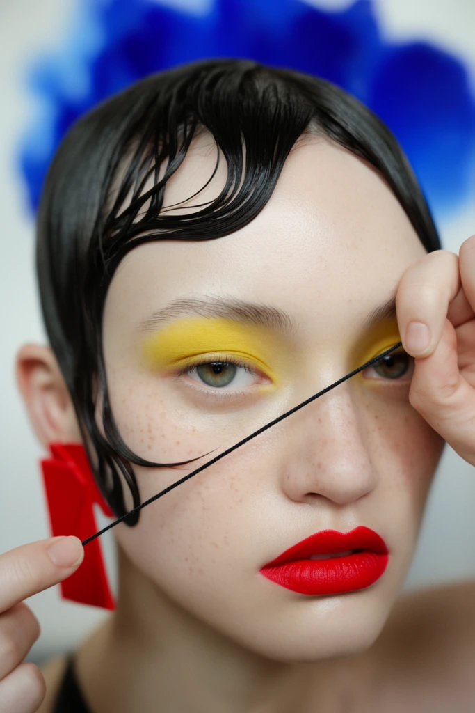 avant-garde close-up beauty portrait, woman pulling thin black cord across face, vivid red lipstick, yellow eyeshadow, sculpted wet dark hair, red geometric earring, pale freckled skin, blurred background with abstract blue splash, macro fashion photography