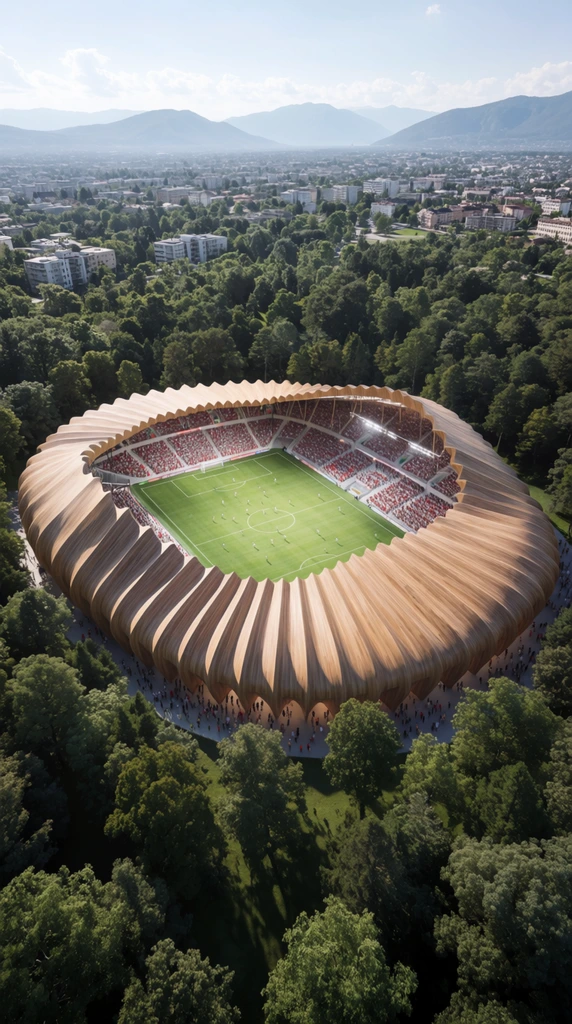 An aerial view of an organically designed open-air soccer stadium featuring a pleated, undulating wooden roof nestled within a lush green forest. A match is underway on the bright green pitch, surrounded by tiered stands filled with spectators in red and white. The sweeping timber-like exterior panels create a striking, continuous wave pattern. Beyond the surrounding trees, a sprawling city landscape stretches toward hazy blue mountains under bright daylight. Photorealistic architectural visualization shot from a high drone perspective.