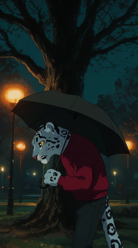 anthropomorphic snow leopard with hunched posture, crimson sweater, carrying an umbrella, large tree, glowing warm streetlights against dark teal sky, nighttime park, moody anime style, cel shaded