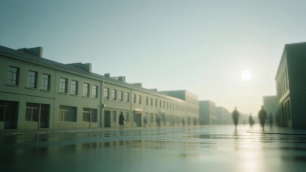 low-angle cinematic street scene, minimalist architecture in soft-focus, ethereal high-key morning light, muted pastel palette of desaturated sage and pale cerulean, illuminated signage including a glowing 'pant' sign, figures as soft silhouettes on a wet reflective surface, hazy filmic texture, fine grain, airy and dreamlike atmosphere, low contrast shadows, creamy highlight roll-off, shot on 35mm film, shallow depth of field, minimalist surrealism.