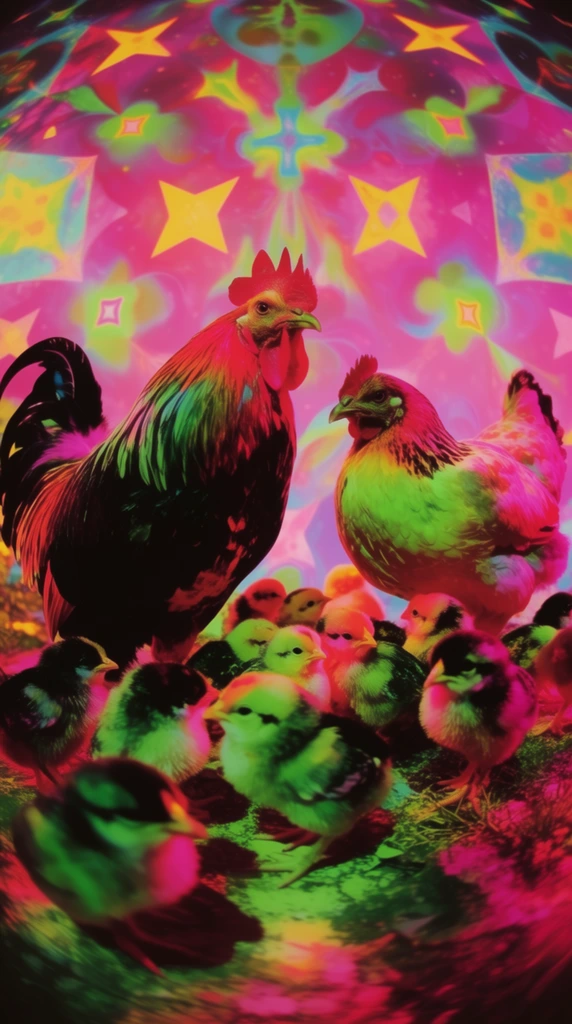 An extreme fisheye, hyper-saturated neon view of a rooster, a hen, and a flock of chicks outdoors set against a glowing kaleidoscopic background. The birds cluster together, their bodies bulging toward the lens due to severe optical distortion, and they are illuminated by intense, high-contrast colored gel lighting that bathes them in harsh split tones of hot magenta and electric lime green. Deep, pitch-black shadows heavily contour their feathers, creating glossy, vivid highlights across their forms. The surrounding outdoor environment is rendered as a swirling, psychedelic fractal pattern of luminous geometric shapes. Glowing bright yellow and acid green four-pointed crosses, stars, and radiating nebulous blobs expand outward across a vibrant pink and magenta backdrop. The overall composition features an intensely bright, surreal aesthetic with extreme color saturation, deep shadows, and warped optical physics, seamlessly integrating the neon-drenched flock into the heavily patterned, vividly colored environment.