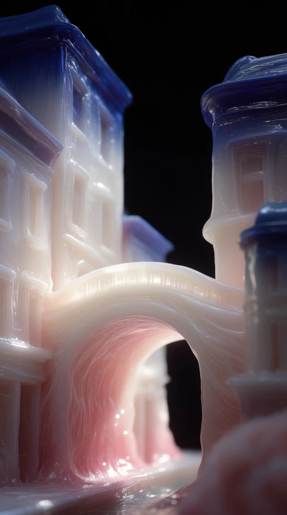 A canal bridge arching between towering buildings, entirely formed from a translucent, milky-white organic material with a hyper-glossy, wet surface. The architectural forms exhibit smooth, rounded geometries, with deep fleshy-pink undertones glowing from within the thicker bases via intense subsurface scattering. The uppermost sections and ridges of the buildings feature a stark gradient that fades into a deep, saturated indigo blue. Fine, fibrous striations and ribbed textures run vertically along the building facades and the curvature of the bridge. Dramatic, localized macro lighting catches brilliant white specular highlights across the lubricated outer membrane of the structures. The composition isolates the brightly illuminated, biomorphic cityscape against a pure, pitch-black background, utilizing a shallow depth of field that softens the extreme foreground and background edges while keeping the central bridge span in precise, crisp focus.