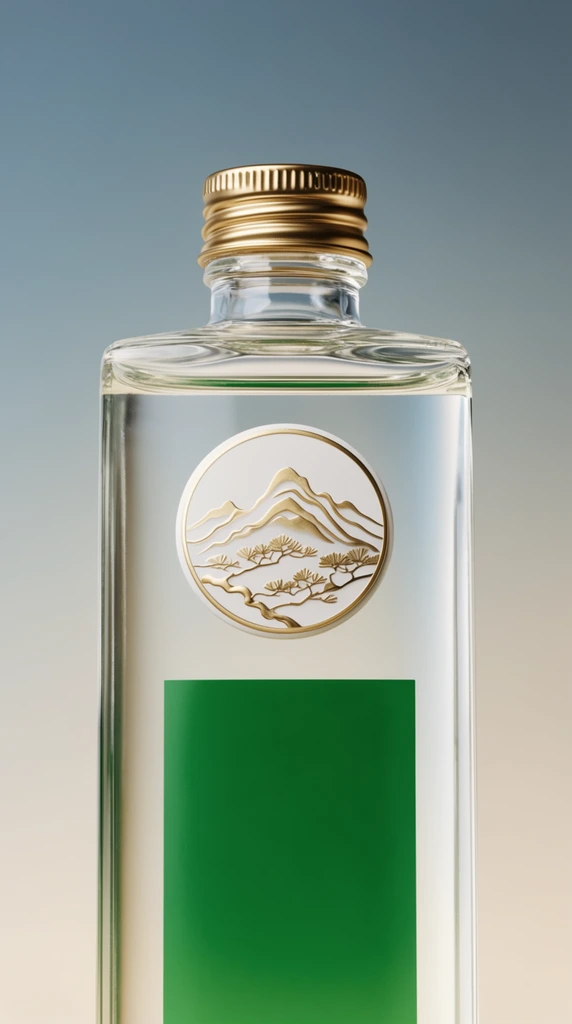 clear glass bottle with transparent liquid, ridged gold metal screw cap, circular white medallion with embossed gold mountains and stylized branches, large vivid green rectangular panel on the body, delicate glass reflections, smooth gradient background fading from dusty blue to pale warm beige, minimalist high-end product photography, crisp focus