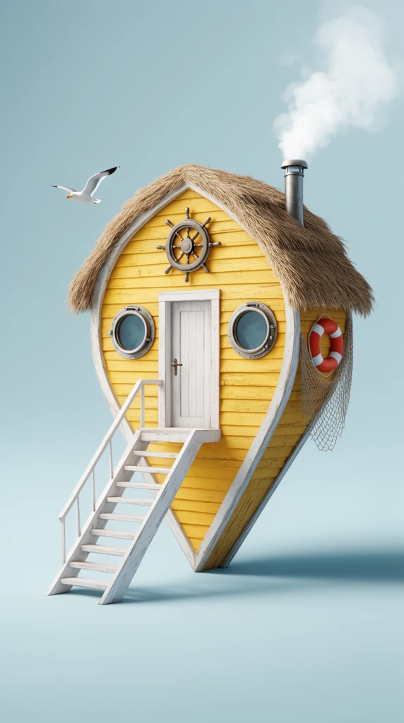 A surreal 3D structure shaped like a teardrop map pin rests on a minimal light blue studio backdrop. The pin mimics a rustic coastal shack with yellow wooden siding and a thatched roof. A white wooden staircase leads to a central door flanked by round porthole windows and topped with a nautical ship's wheel emblem. The right edge features a lifebuoy, a fishing net, and a metal chimney emitting white smoke. A lone seagull flies nearby. Soft shadows anchor the pin's pointed base, emphasizing a clean, playful aesthetic.