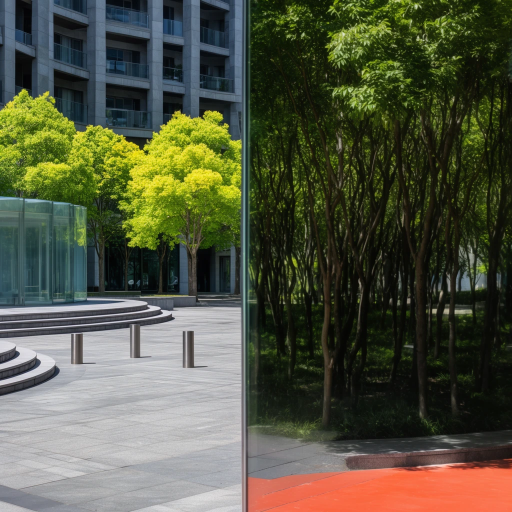 A sunlit urban plaza sharply bisected by a vertical reflective glass facade. The left side reveals a sweeping grey paved courtyard featuring curved steps, cylindrical metal bollards, a glass pavilion, and vibrant trees standing before a modern grey stone building with balconies. The right half is dominated by the mirrored surface reflecting a dense thicket of leafy trees with slender dark trunks. At the bottom right, a patch of bright reddish-orange pavement contrasts with the grey courtyard under high-contrast daylight.