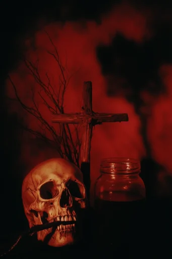 Crimson Industrial Surrealism style reference image — gothic noir atmosphere