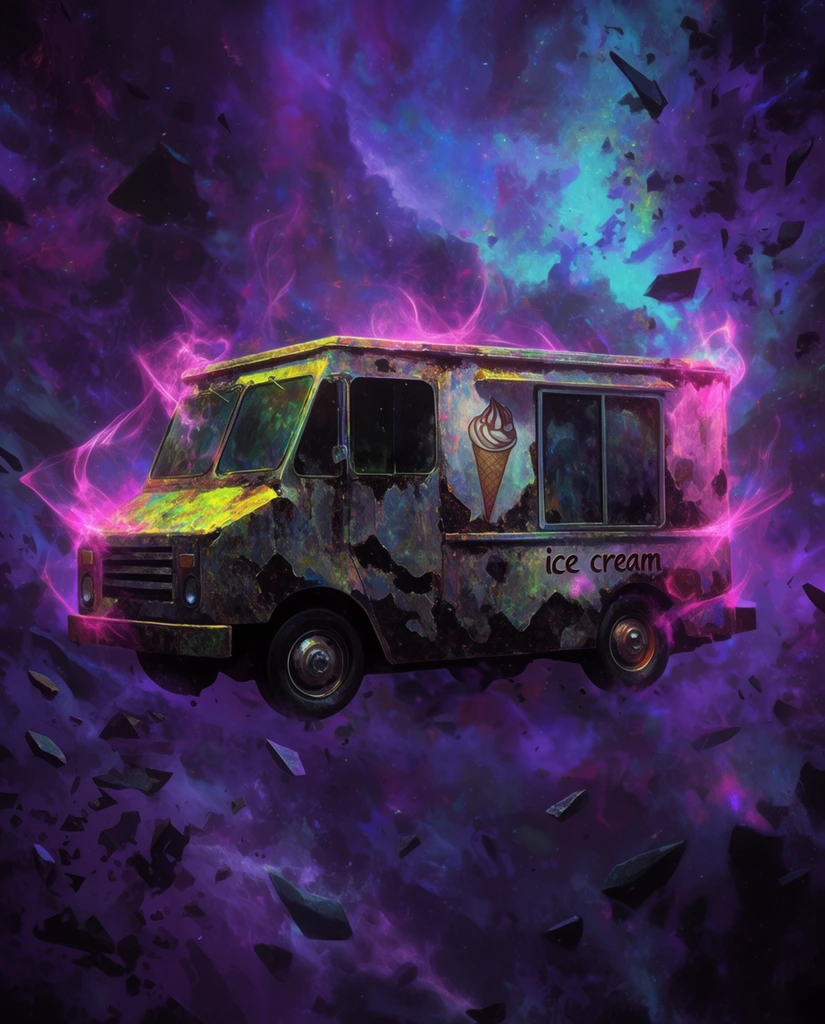 A single rusted ice cream truck displaying a cone graphic and the text "ice cream" on its side stands at the center of a chaotic, ethereal cosmic void. The vehicle's jagged, corroded metallic surface catches iridescent yellow-green and deep charcoal highlights while emanating vibrant, wispy magenta magical energy flares from its edges. The truck is enveloped in a swirling atmospheric background of rich violet, electric cyan, and deep purple nebular clouds. Sharp, dark, fragmented debris and shattered stone chunks float suspended in the dynamic, hazy air surrounding the vehicle. The entire scene is executed in a highly detailed, dark fantasy digital illustration style, utilizing high-contrast ethereal rim lighting, intricate texture rendering on the decaying metal, and an otherworldly color palette dominated by luminous pinks and abyssal purples.