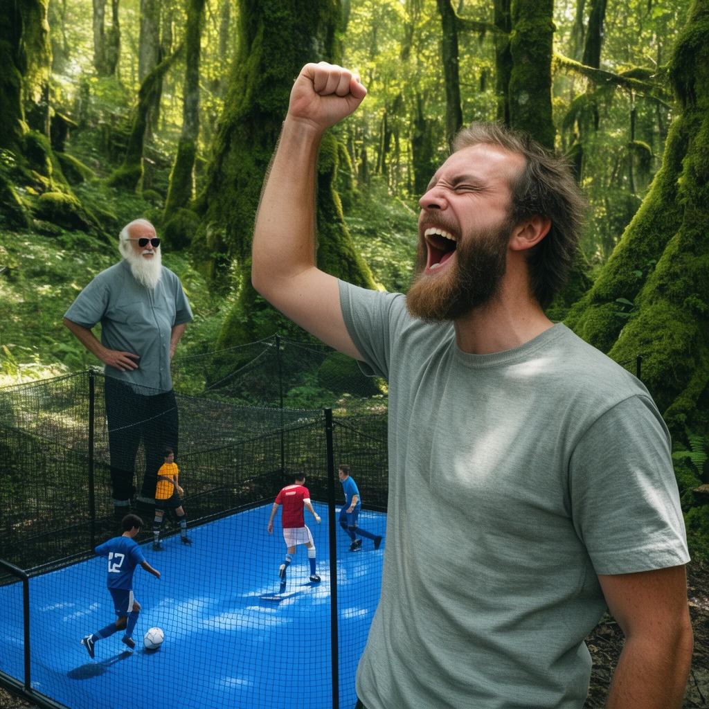 ecstatic bearded man cheering with raised fist in foreground, small blue enclosed ground-level soccer game with black netting, older white-bearded man in sunglasses standing casually behind, lush mossy green forest background, dappled sunlight