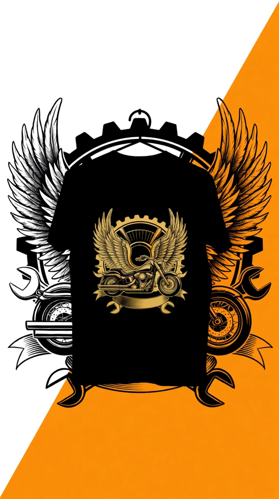 black t-shirt on a simple hanger, diagonal split background of crisp white and vibrant orange, vintage gold vector illustration centered on the garment, custom cruiser motorcycle with large majestic feathered wings, background elements of a massive mechanical gear and crossed wrenches, decorative ribbons layered beneath the bike, flat apparel mockup, high-contrast color palette, intricate automotive line art