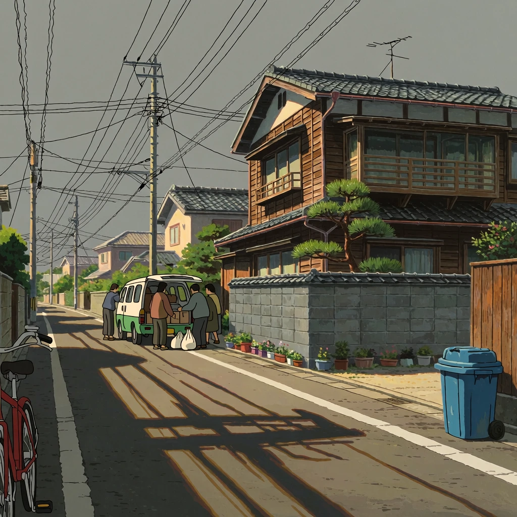 A quiet, sunlit suburban street where a group of individuals unloads a small white and green van outside a traditional wooden two-story house. Several figures gather at the open rear of the vehicle, handling bags and boxes. The prominent house on the right features horizontal wood siding, a dark tiled roof, an enclosed wooden balcony, and a low grey concrete boundary wall lined with small potted plants. A manicured pine tree grows in the yard. Complex webs of black power lines stretch between tall utility poles against a flat grey sky. Long, sharp shadows stretch diagonally across the asphalt road, cast by warm, directional sunlight. In the foreground, the partial frame of a red bicycle sits on the far left, while a blue trash bin rests on the right side of the street. Rendered in a highly detailed 2D animation background style, the image features precise linework, a muted earthy color palette, and a serene slice-of-life atmosphere captured from a wide, low-angle perspective.