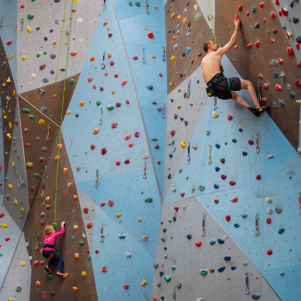 An expansive indoor rock climbing wall features large geometric panels in shades of light blue, grey, and brown, densely dotted with brightly colored artificial holds and metallic quickdraws. Two climbers highlight the wall's immense scale. High on the right, a shirtless adult male in dark shorts and a harness reaches for a small red hold. Far lower on the left, a small child wearing a pink long-sleeve shirt and a harness climbs while attached to a bright green top-rope. Bright, even lighting emphasizes the vibrant climbing holds against the muted, multifaceted architectural surface.