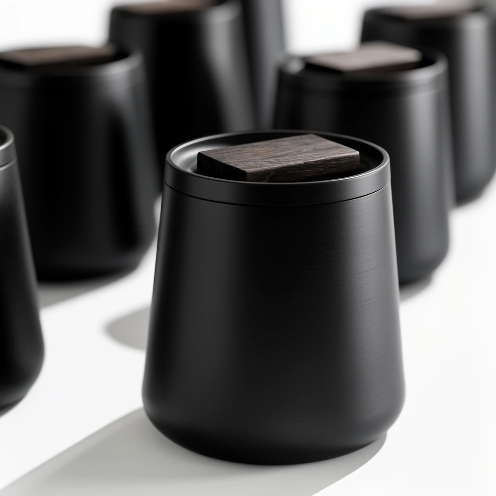 A matte black, tapered cylindrical container featuring a recessed dark wooden block on its lid and a subtle horizontal brushed texture. It stands prominently in sharp focus on a bright white surface. Several identical blurred containers recede into the background. Studio lighting casts crisp diagonal shadows to the left, emphasizing the sleek form and shallow depth of field.