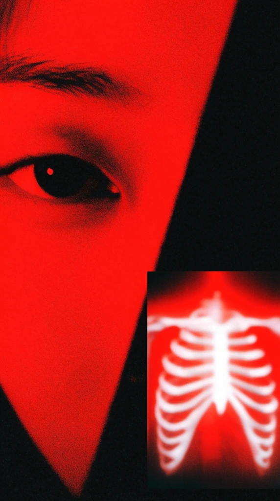 A high-contrast duotone collage featuring a tightly cropped human face rendered in vivid neon red and deep black shadow. The left side focuses on a single dark eye staring directly forward, engulfed in saturated crimson tones and sharp geometric fields of absolute black that obscure the remaining facial features. In the bottom right corner, a distinct inset panel displays a glowing, blurred white skeletal ribcage suspended in a hazy red aura against a dark backdrop. The composition utilizes a heavily textured, gritty aesthetic with a striking minimalist palette of stark black, luminescent red, and piercing white highlights to forge a moody, abstract atmosphere.