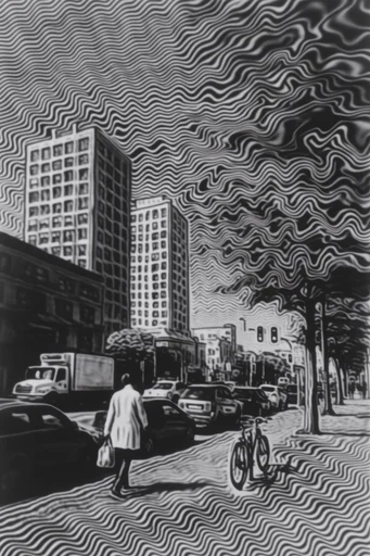 Monochrome Glitch Topography style reference image — psychedelic wave