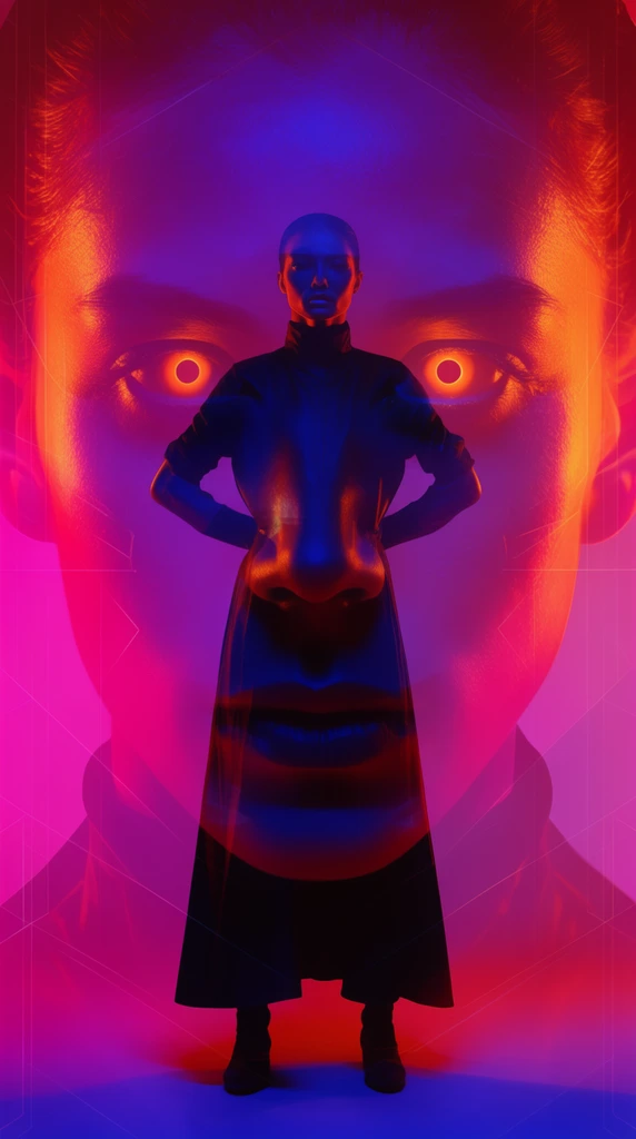 A double exposure sci-fi portrait. A full-body figure in a dark tunic stands with hands on hips, overlaid against a massive, semi-transparent face with glowing orange eyes. Vibrant neon magenta, deep blue, and fiery orange lighting bathes the composition, framed by subtle geometric lines.