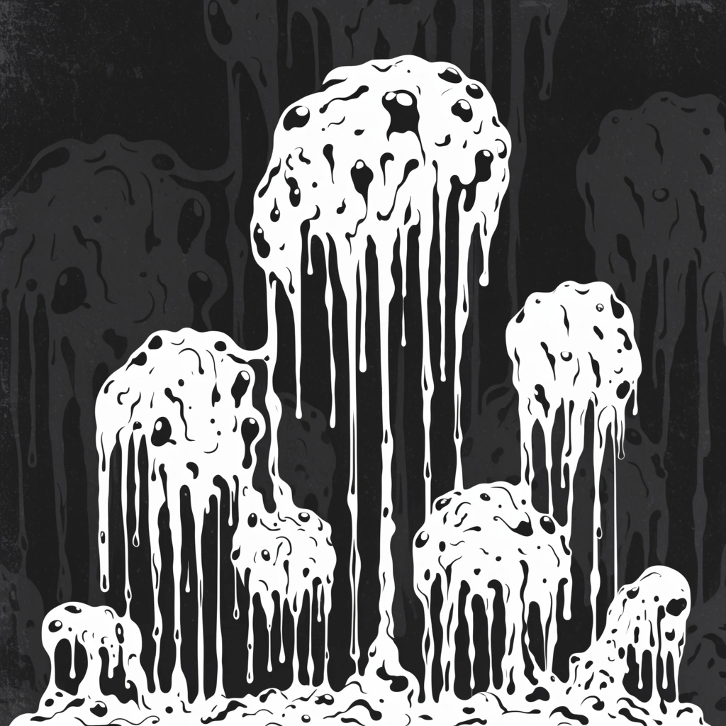 viscous white dripping fluid formations, melting organic shapes with elongated vertical drips, thick slime-like consistency, rounded bulbous edges, stark high-contrast white forms, flat vector art style, dark charcoal grey textured background, shadowy silhouettes of larger dripping ooze, grainy distressed texture, retro horror aesthetic, monochrome graphic illustration