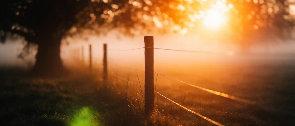 wooden fence post in sharp focus, thin wire fencing stretching across a misty field, catching intense golden sunlight, bright glowing sun flare dominating the upper right, silhouetted large tree on the left, dark grassy foreground with bright green patches, thick atmospheric fog, warm orange and amber color palette, extreme shallow depth of field, blurred bokeh background, cinematic landscape photography