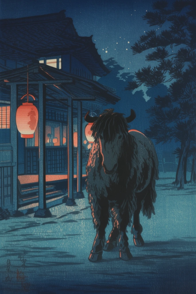 Nocturnal Woodblock Noir style AI image example 3