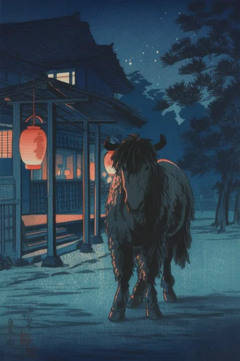 Nocturnal Woodblock Noir style AI image example 3