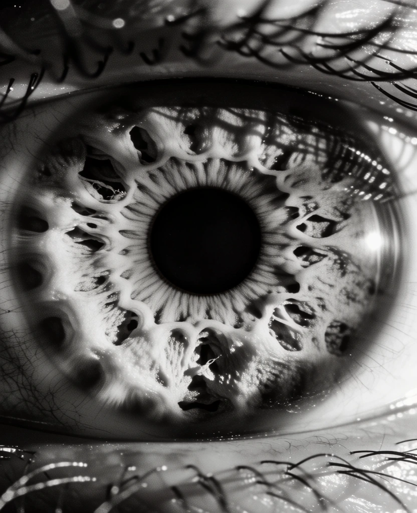 An extreme macro, black-and-white photograph captures the intricate, crater-like texture of a human iris surrounding a dark pupil. The central pupil is a solid black circle, serving as the focal point. Encircling it, the iris displays a complex, topographical network of fibrous tissues, ridges, and deep recesses known as crypts, which give the surface a porous, sponge-like appearance. These structures vary in height and density, creating sharp shadows and bright highlights that emphasize their three-dimensional form. Thick, dark eyelashes are visible along the top and bottom margins of the frame, curving away from the eyeball; those at the top are slightly out of focus and cast soft shadows onto the upper iris. A bright, curved reflection of light sits on the glossy surface of the cornea on the right side, following the eye's natural contour. The composition uses an extreme close-up perspective with a very shallow depth of field, keeping the detailed textures of the iris in sharp focus while the surrounding features blur. The monochrome color palette and high-contrast lighting from a side-mounted source highlight the organic, architectural complexity of the eye's internal structures.