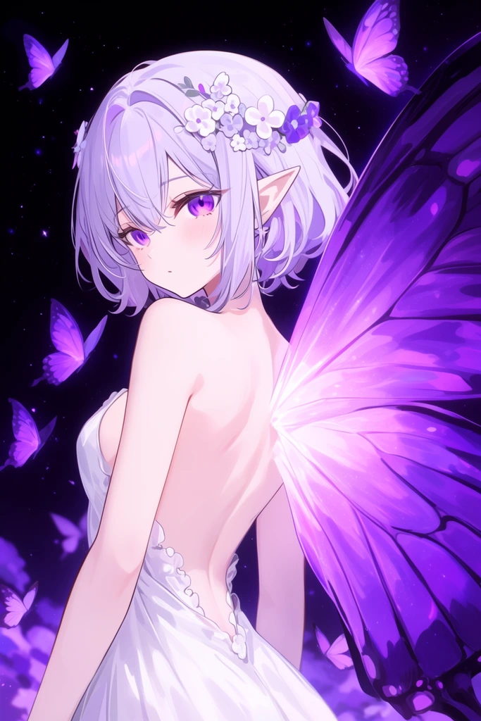 anime fairy girl looking over shoulder, giant glowing purple butterfly wings, short pale purple hair, pointed ears, vivid purple eyes, floral headpiece, bare back, white dress, fluttering purple butterflies, dark starry background, ethereal lighting, digital illustration