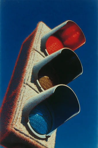 Tactile Retro Surrealism style reference image — cobalt blue and crimson red