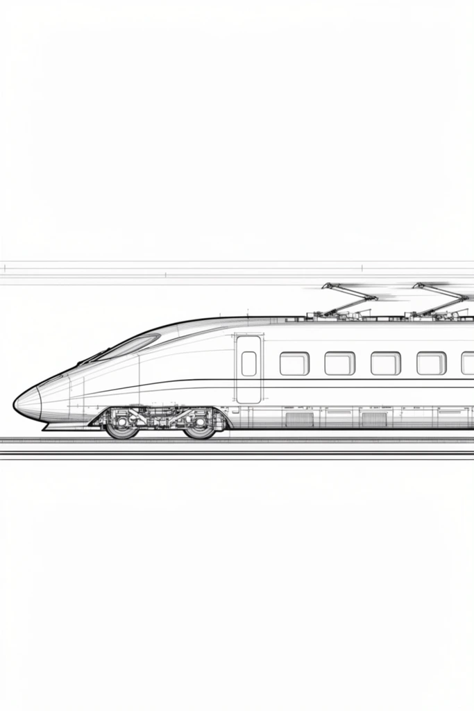technical line drawing of an aerodynamic high-speed train in strict side profile, stark black ink on a solid white background, sleek pointed nose cone, roof-mounted pantographs with trailing motion lines, row of rectangular passenger windows, highly detailed mechanical undercarriage featuring wheels and bogies, precise horizontal drafting guidelines spanning the composition, clean crisp architectural blueprint aesthetic, minimalist technical illustration style