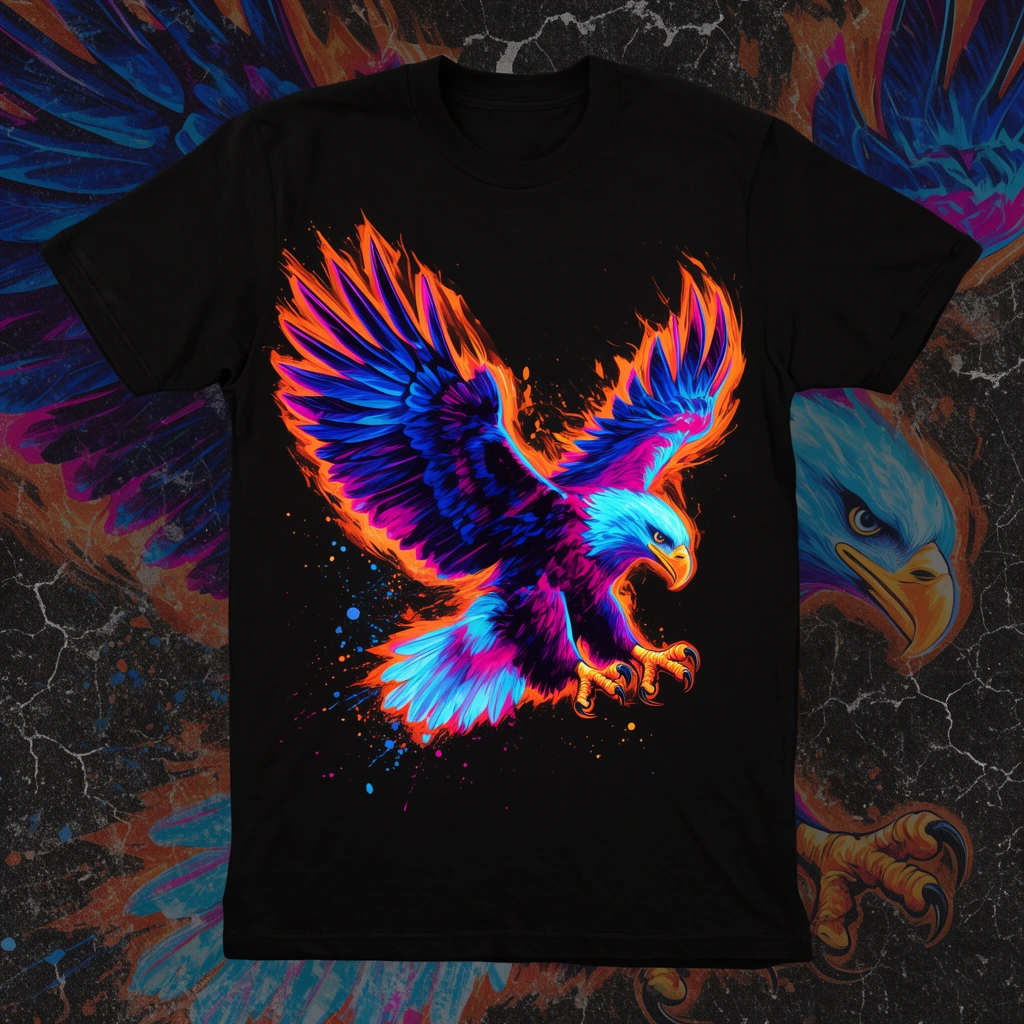 Black t-shirt displaying a dynamic neon eagle illustration, glowing cyan magenta and deep blue feathers, fiery orange aura, outspread talons, paint splatters, flat lay on dark distressed cracked background with faint ghostly eagle overlay