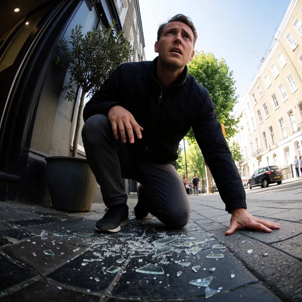 A man crouches on a paved city sidewalk amidst scattered shards of broken glass, captured in a dramatic low-angle, extreme wide-angle shot. The man has short brown hair and wears a dark zip-up jacket, dark grey trousers, and black sneakers. He rests on one knee, his left hand splayed flat against the dark paving stones for balance, looking upward with a distressed expression. To his left stands a dark building facade beside a potted sapling. The background reveals a bright, sunlit street with light-colored brick townhouses, green trees, a dark car, and distant pedestrians. Prominent barrel distortion from a fisheye lens bends the vertical lines of the architecture. Bright daylight casts crisp shadows across the textured pavement, emphasizing the disorienting perspective.