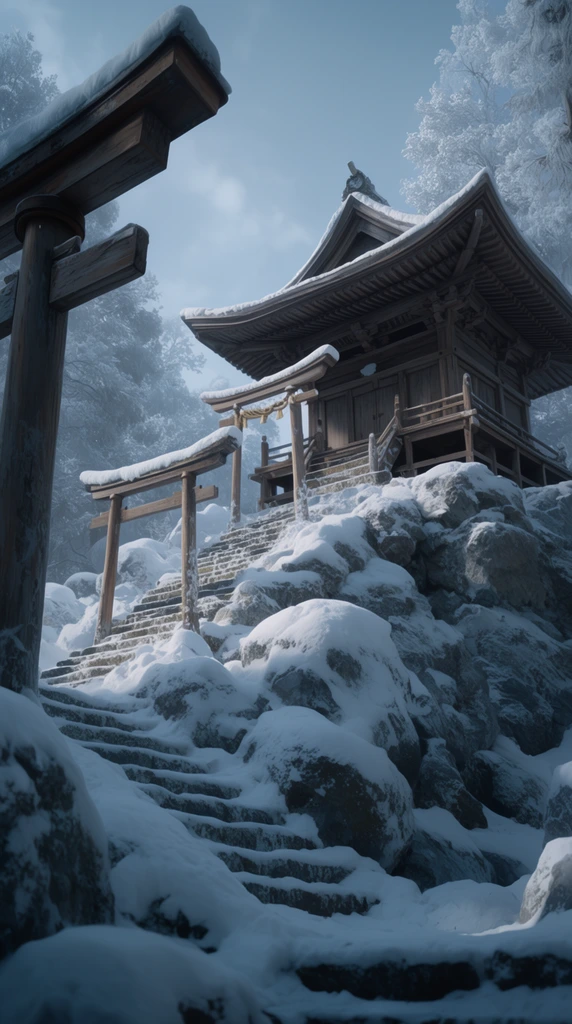 A traditional wooden Japanese shrine sits atop a rugged, snow-covered rocky outcropping in a serene winter landscape. A large, partially visible Torii gate frames the left foreground. Steep stone stairs ascend past two smaller snow-capped Torii gates toward the main shrine building, featuring classic curved rooflines. Thick, pristine snow blankets the boulders, steps, and timber structures, contrasting with the dark wood. Dense, icy trees stand against a soft, overcast blue sky. The cinematic, low-angle perspective emphasizes the elevated architecture, rendered with cool atmospheric lighting and photorealistic detail.